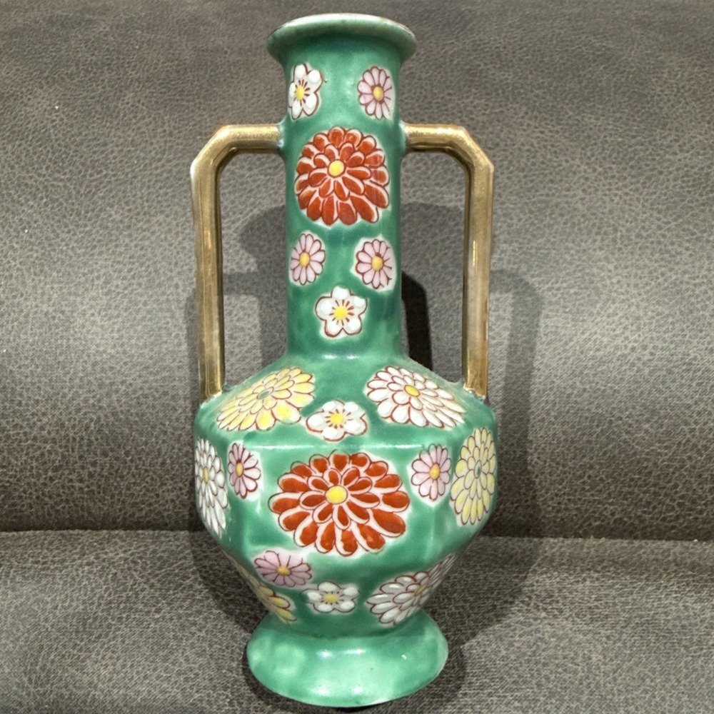 Vintage Miniature Hexagon Green Floral Double Handle Vase Made in Japan